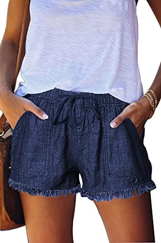 GOLDPKF Women's Mid-Waist Frayed Stretch Denim Shorts — A-dark Blue