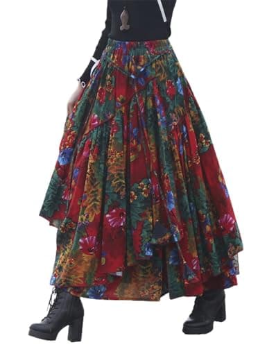 Womens Elastic Waist Retro Maxi Pleated Long Skirt — Print 4 New