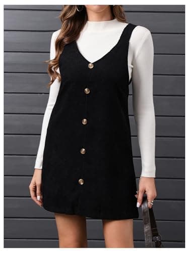 SOLY HUX Women's Pure Black V-Neck Corduroy Pinafore Short Dress X-Large