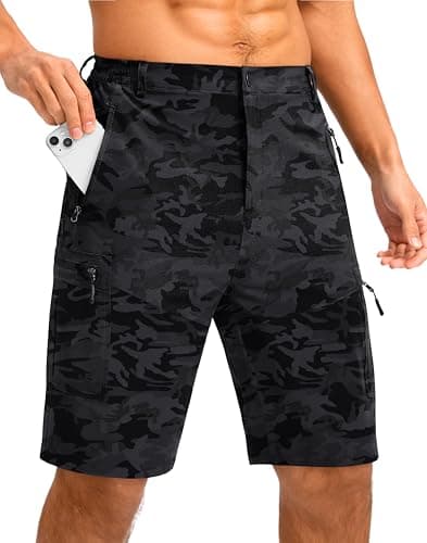 Pudolla Men's Lightweight 11" Cargo Shorts for Summer Travel and Outdoor — Black Camo