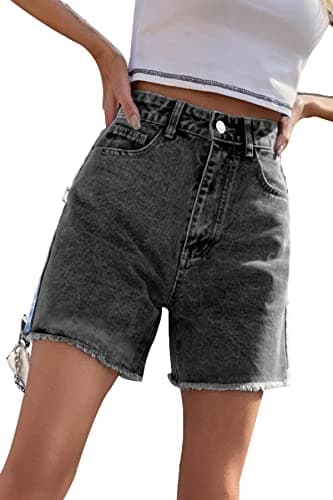 GOLDPKF Women's Mid-Waist Frayed Stretch Denim Shorts — C-gray