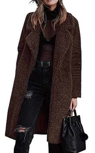 Angashion Women's Fuzzy Fleece Lapel Open Front Long Cardigan Coat — Coffee