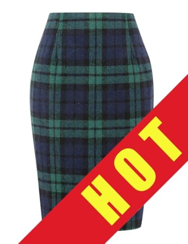 Womens Plaid Wool Pencil Skirt for Fall and Winter — Green