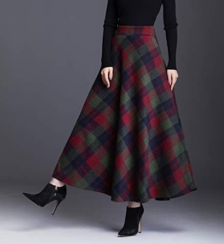 Biilyli Women's Elegant Plaid Wool High-Waisted Maxi Skirt