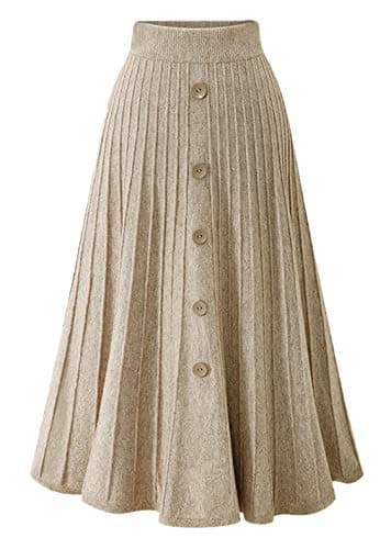 Youhan Women's High-Waist A-Line Pleated Knit Skirt — Khaki