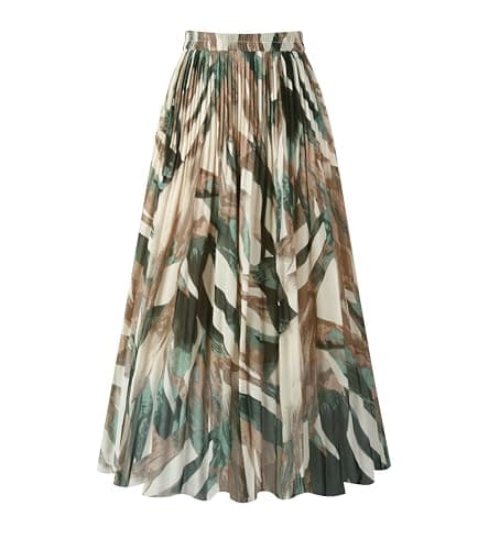 Chic Women's Chiffon Pleated A-Line Midi Skirt — Green Leaves