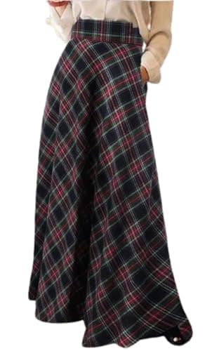 XQR Women's Vintage Plaid Maxi Skirt High Waist with Pockets — Black
