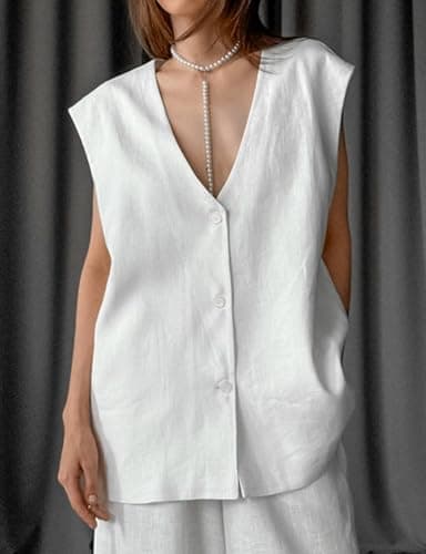 IDEALSANXUN Women's Linen V-Neck button-down Sleeveless Summer Top Vest