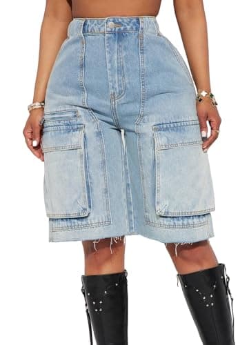 EZAPINE Women's High Waist Raw Hem Denim Shorts Summer Pockets