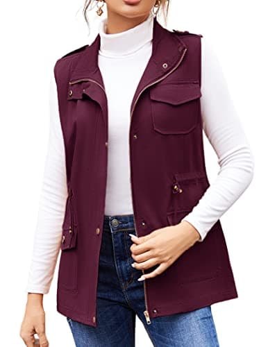 Beyove Women's Lightweight Sleeveless Military Anorak Cargo Vest — A- No Hood-wine Red