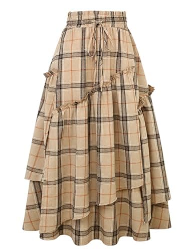 IDEALSANXUN High Waisted Plaid A Line Maxi Skirt with Pockets — Khaki