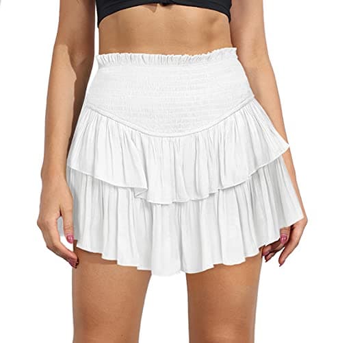 MiiVoo Women's High Waist Flowy Mini Skirt with Ruffle Detail — White