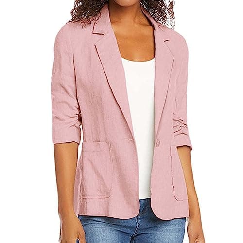 Zowzowkot Women's Lightweight Stretchy Linen Blazer Suit Summer Jackets with Pockets — Pink