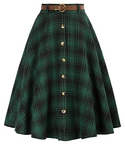 Belle Poque Women's Vintage Pleated Flared Midi Skirt with Pockets & Belt
