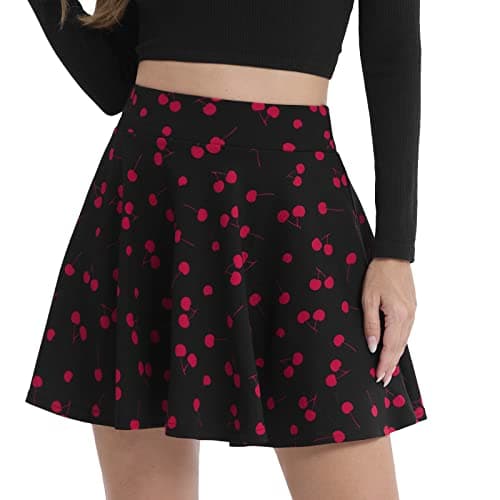 DJT Women's Flared Pleated Mini Skater Skirt with Shorts — Cherry Print