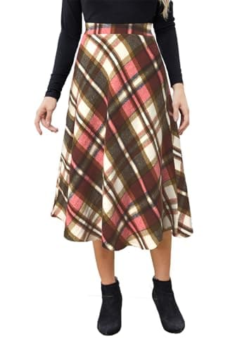 HERBATOMIA Women'sVintagePlaidMidiSkirtwithPocketWinterWarm — Pink-white