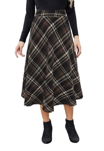HERBATOMIA Women'sVintagePlaidMidiSkirtwithPocketWinterWarm — Brown-black