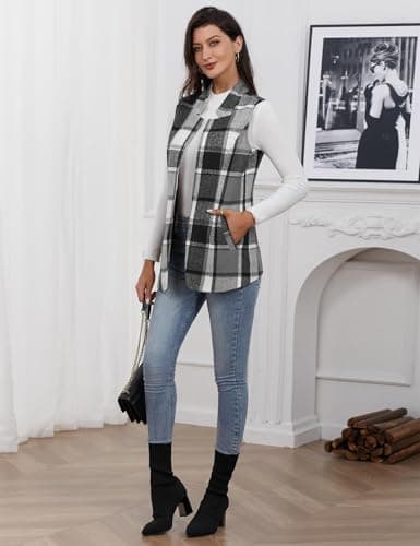 IDEALSANXUN Women's Wool Plaid Sleeveless Blazer Fall Winter Coat