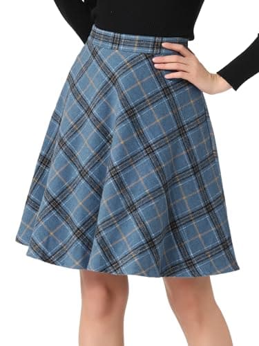 Women's Plaid Elastic Waist Knee Length Skirt — Grey Blue