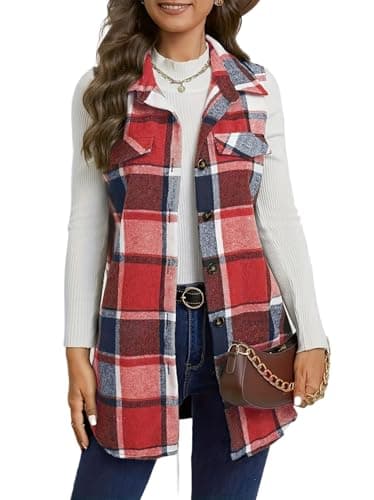 IDEALSANXUN Women's Plaid Sleeveless Cardigan Shacket Vest Fall Fashion