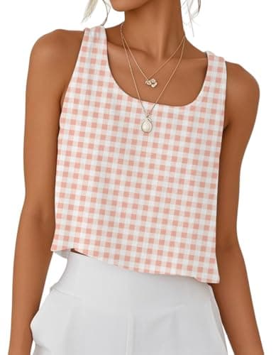 IDEALSANXUN Women's Cotton Linen Crop Top Summer Sleeveless Tops — Plaid Pink
