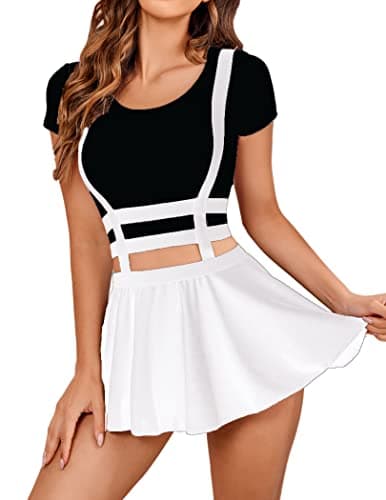 Avidlove Women's Sexy A-Line Suspender Skirt with Pleated Short Braces — White