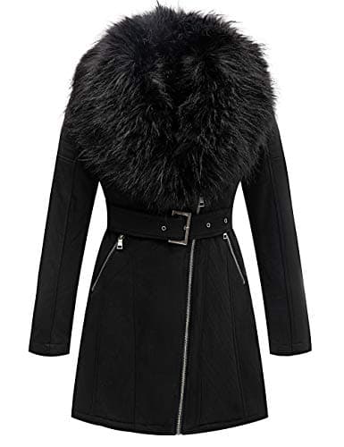 Bellivera Women's Faux Leather Trench Coat with Fleece Lining and Detachable Collar — Black Suede