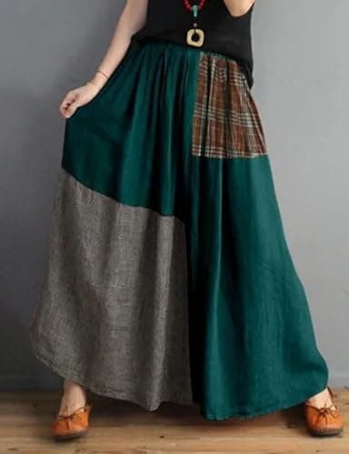 IDEALSANXUN High-Waisted Elastic Color Block Plaid Midi Skirt