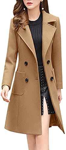 Chouyatou Women's Elegant Notched Collar Double Breasted Wool Blend Coat — Camel