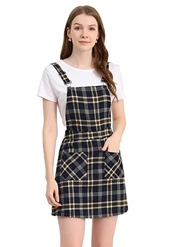 Women's Plaid Overall Dress with Adjustable Straps — Navy Blue