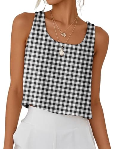 IDEALSANXUN Women's Cotton Linen Crop Top Summer Sleeveless Tops — Plaid Black