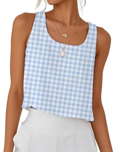IDEALSANXUN Women's Cotton Linen Crop Top Summer Sleeveless Tops — Plaid Light Blue