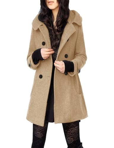 Tanming Women's Warm Double Breasted Wool Pea Coat with Hood