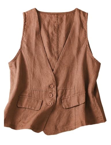 ULEMON Women's Linen Button Down Vest Top