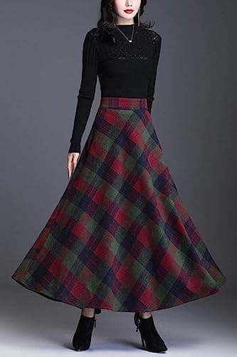 Vintage High Waist Plaid A-Line Maxi Skirt for Women