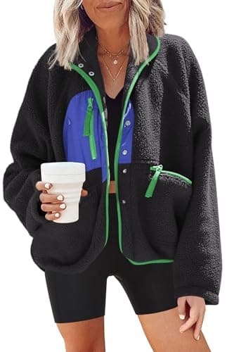 Nirovien Women's Fuzzy Fleece Button Down Sherpa Coat Winter Warm Coat — Black Blue