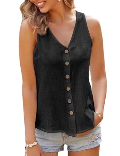 IDEALSANXUN Women's Linen V-Neck Tank Top Casual Shirt Blouse — Black