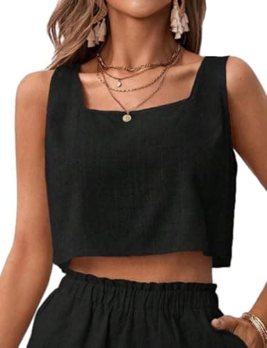 IDEALSANXUN Women's Cropped Linen Tank Tops Casual Square Neck Summer Shirt — Black