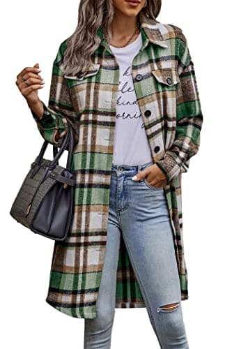 PrettyGarden Women's Plaid Shacket Long Sleeve Button Up Flannel Winter Coat — Green