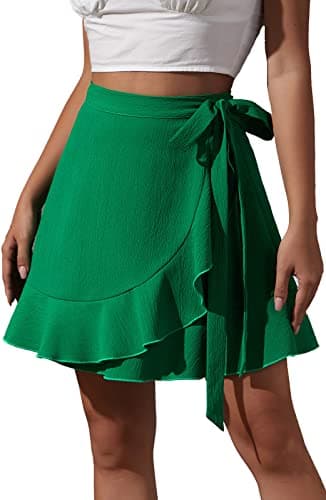 Ruffle Mini Skirt Women's Lace Up Party Skirt Asymmetrical Hem Stretch Skirt — Green