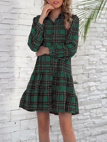 IDEALSANXUN Women's Plaid Long Sleeve Button Down Dress