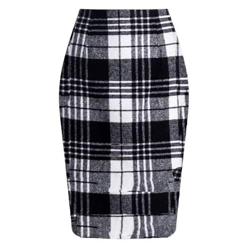 Womens High Waist Plaid Wool Bodycon Mini Skirt Slit — Black White Grid