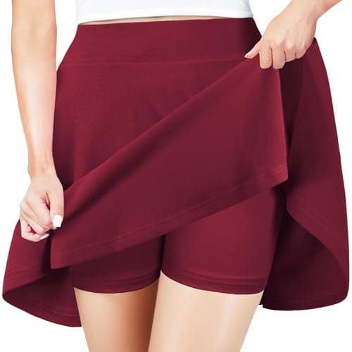 PUKAVT Women's A-Line Mini Flared Stretchy Skater Party Skirt — Wine With Shorts