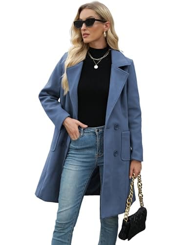 Bankeng Women Winter Mid-Long Wool Blend Notch Lapel Coat — Blue