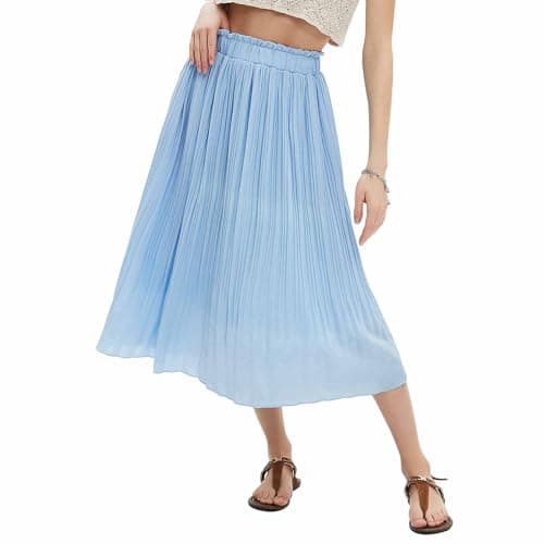 EXLURA Women's High Waist Pleated Polka Dot Maxi Midi Skirt with Pockets — Solid Blue