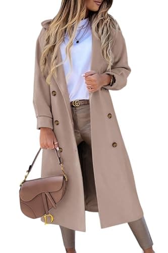 BZB Women's Elegant Double Breasted Pea Coat Winter Wool Blend Notched Collar — Khaki