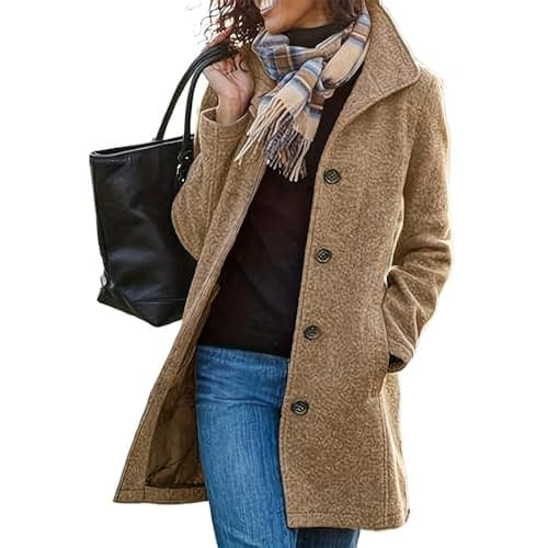 GVLDPOH Women's Winter Wool Blend Pea Coat with Stand Collar — Khaki