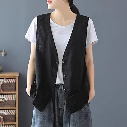 Woman Linen Button Down Sleeveless Camisole Top Coat