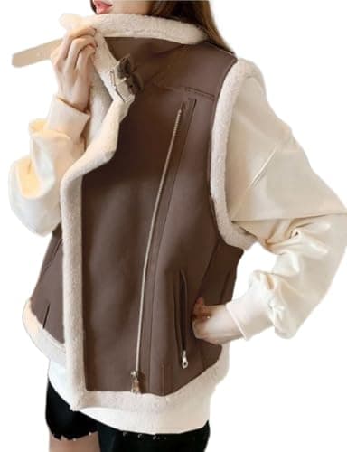 IDEALSANXUN Women's Suede Sherpa Vest Warm Fur Lined Coat — Brown