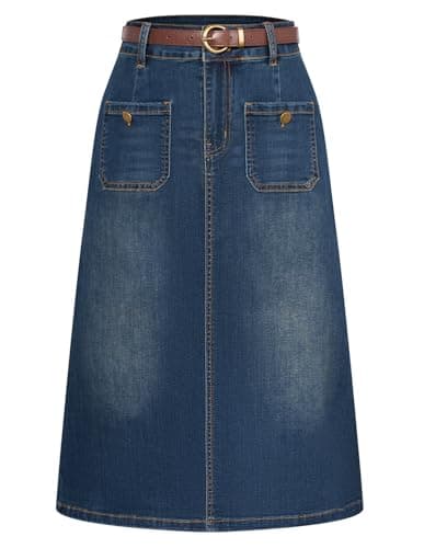 High Waisted Denim Skirt with Belt for Women — Washed Denim Blue